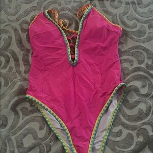 Vibrant Pink One-Piece Swimsuit with Colorful Trim